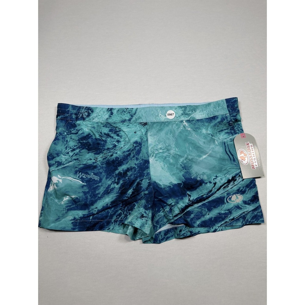 Mossy Oak Fishing Shorts Mens XL Blue Hydroplex Swim Trunks Stretch Camo Print